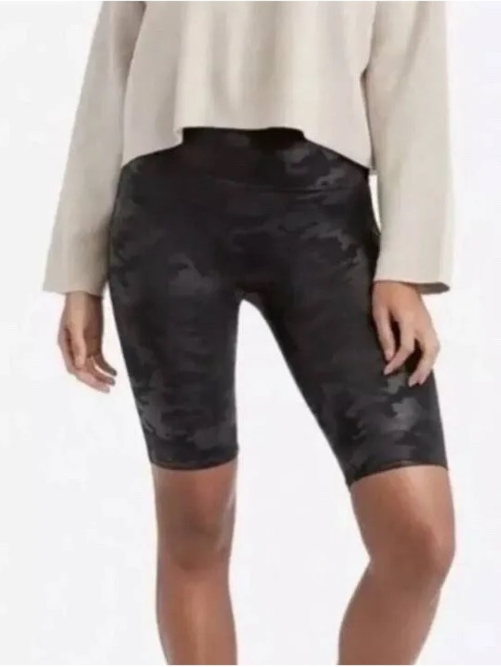 SPANX Faux Leather Shimmery Camo Print 9” Inseam Bike Shorts Black Size 1XL